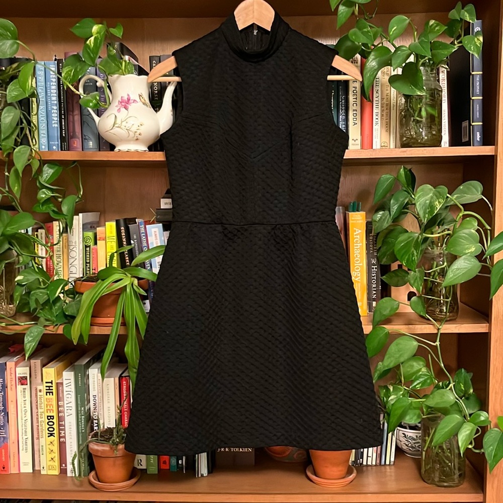 VINTAGE. 60s, mod, waffle knit, mock neck, black mini dress.